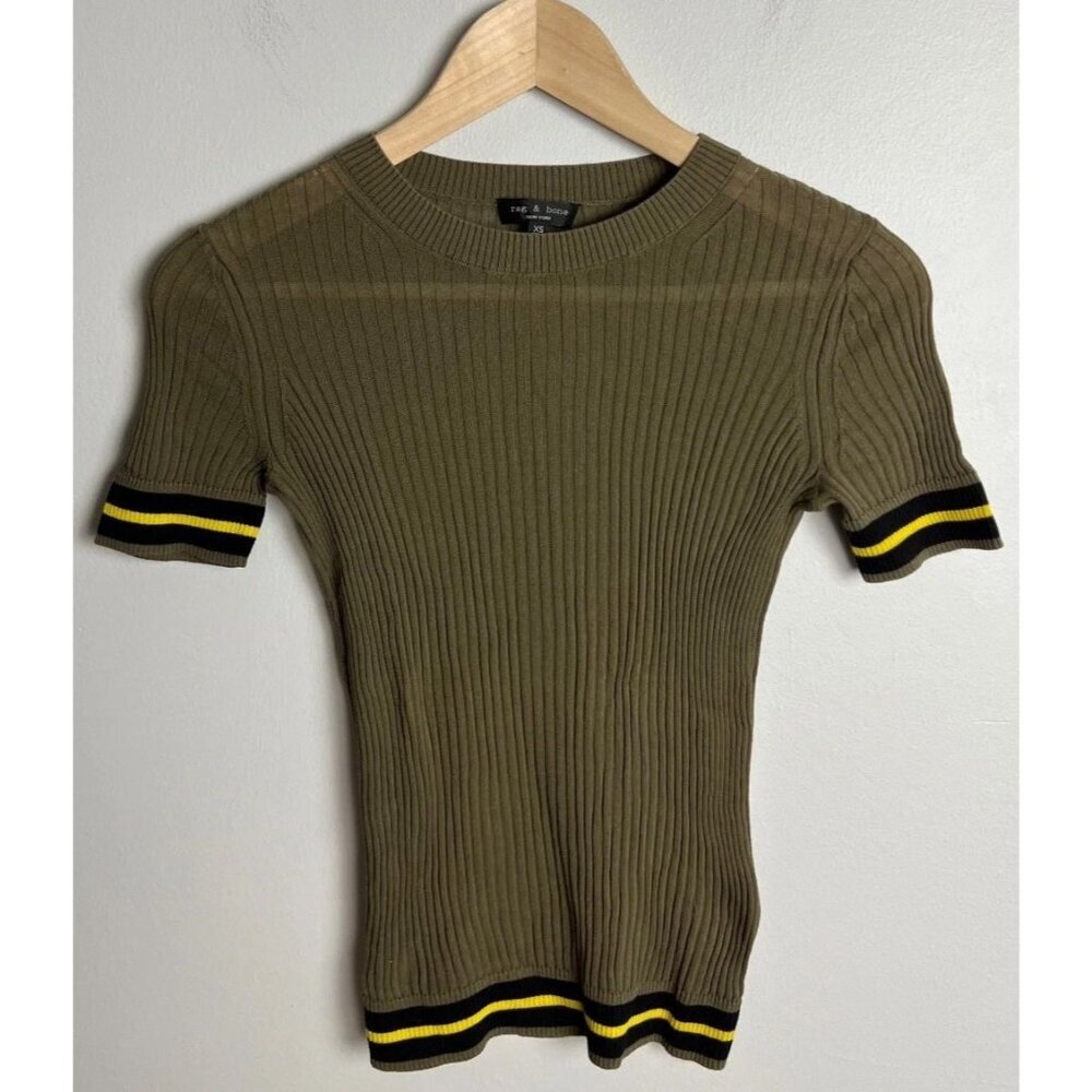 Rag & Bone Olive Green Ribbed Cotton Knit Top Size XS Striped Trim Women’s